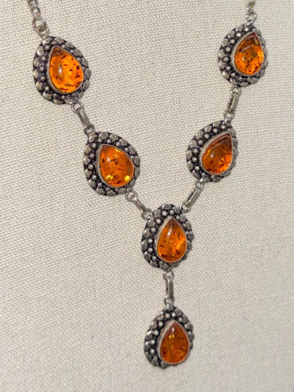 Vintage 925 Stamped Silver Necklace with Baltic Amber Stones Glows Tested 22 in
